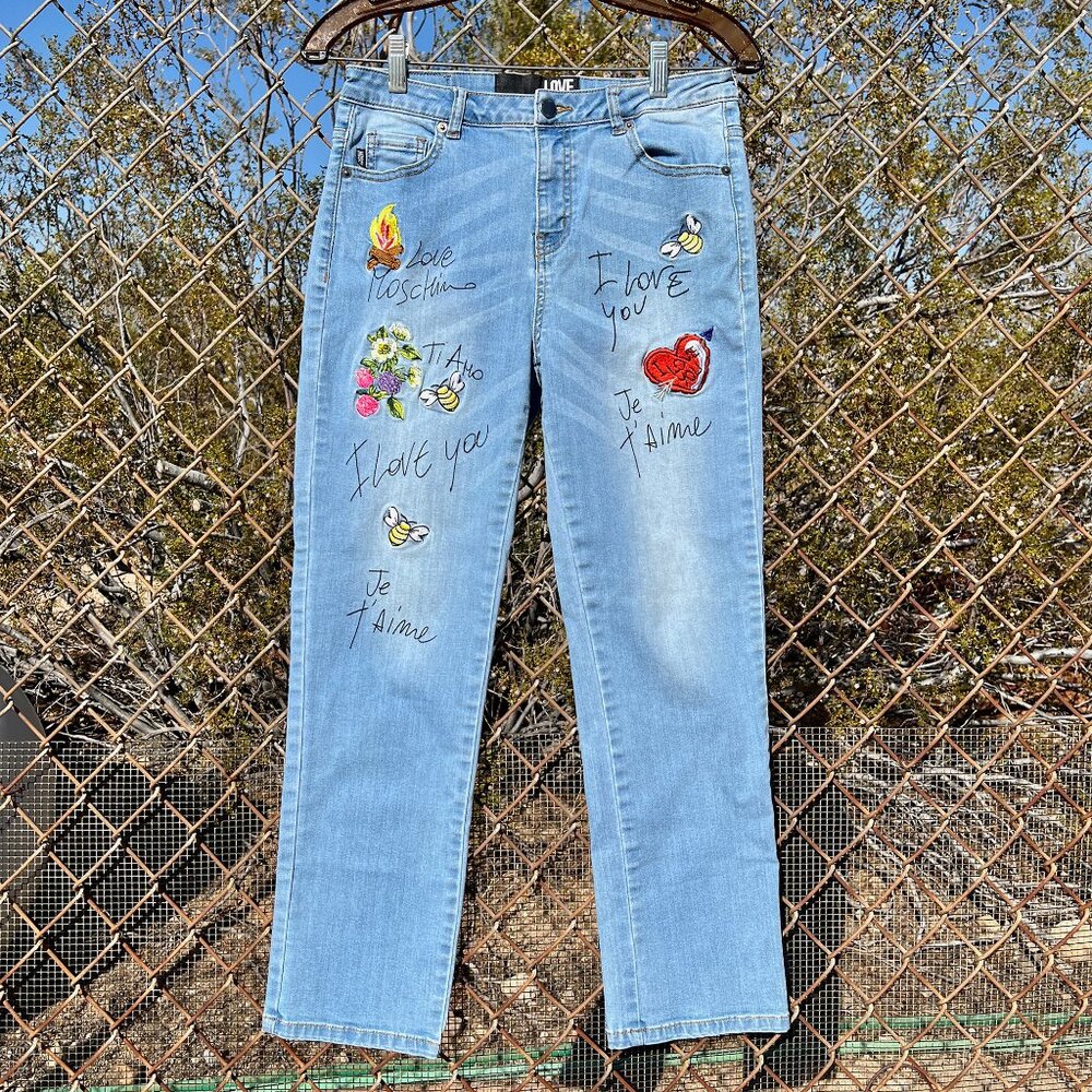 Love Moschino Embroidered Boyfriend Jeans, Stretch Straight Leg, Sz 26 Je T'Aime - Picture 2 of 10